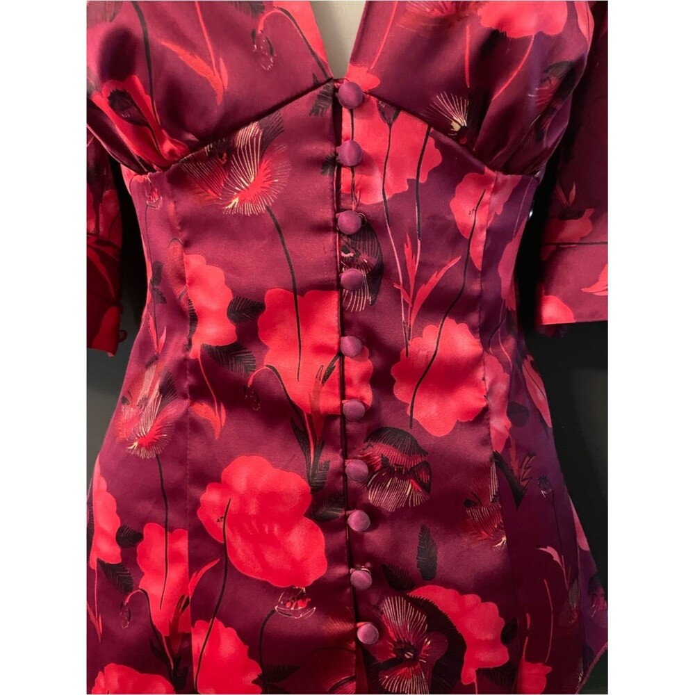 Guess Adele Floral Satin Peplum Top Blouse Women’s Small Wine Red Cocktail - Picture 4 of 10